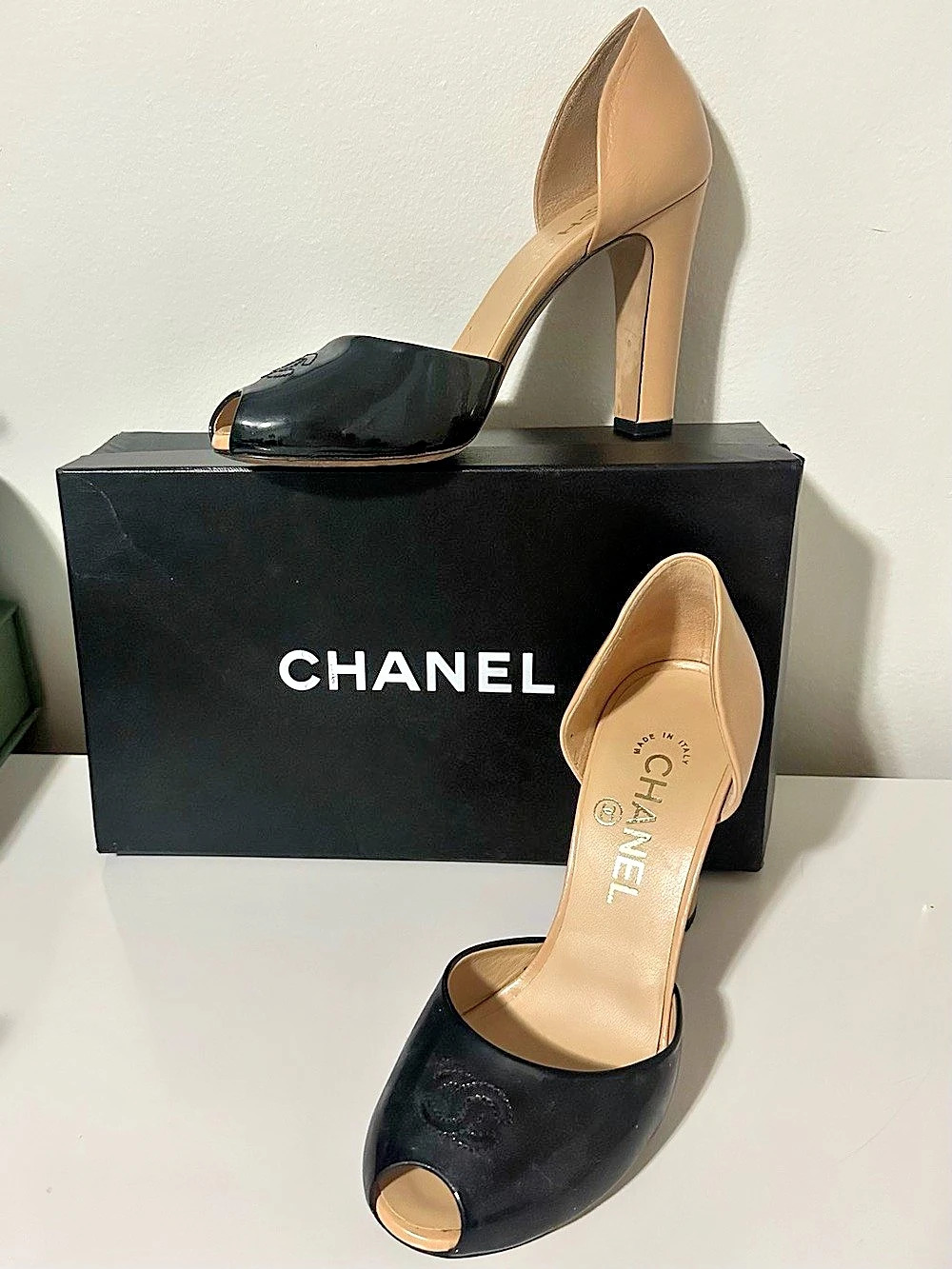 Chanel Two-Tone Peep Toe Heels Black & Tan EU 36